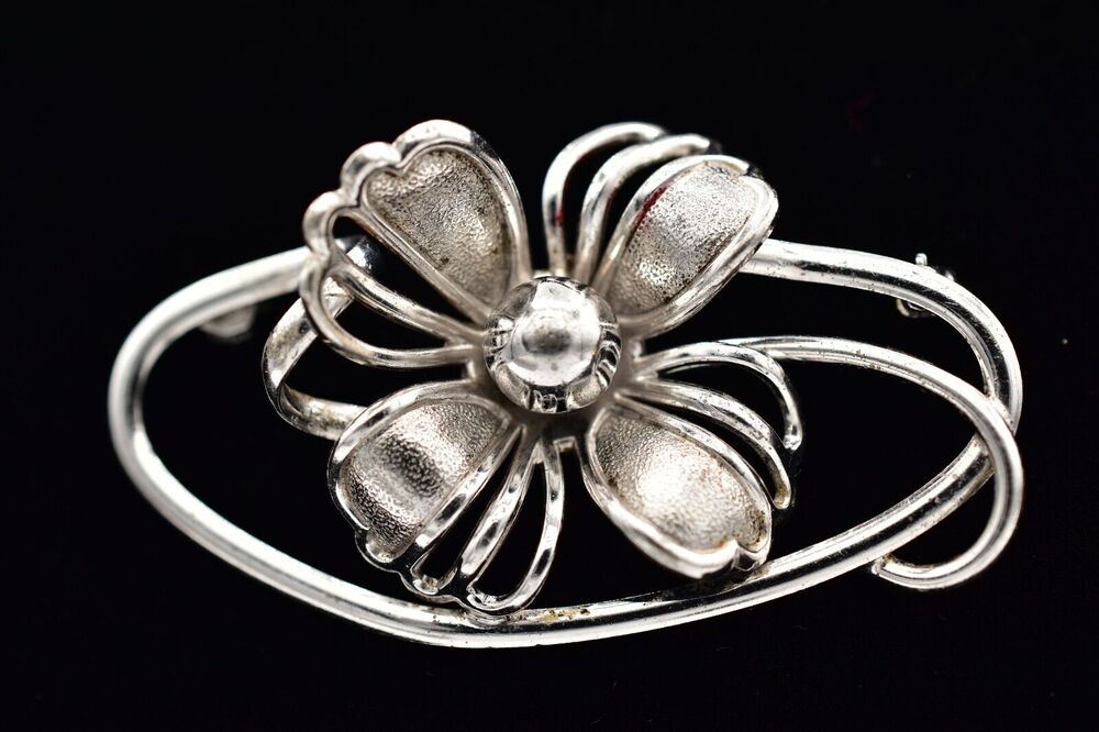 Frostner Sterling Silver Flower Pin Brooch 925 3d Wired Modernist Signed BinAL